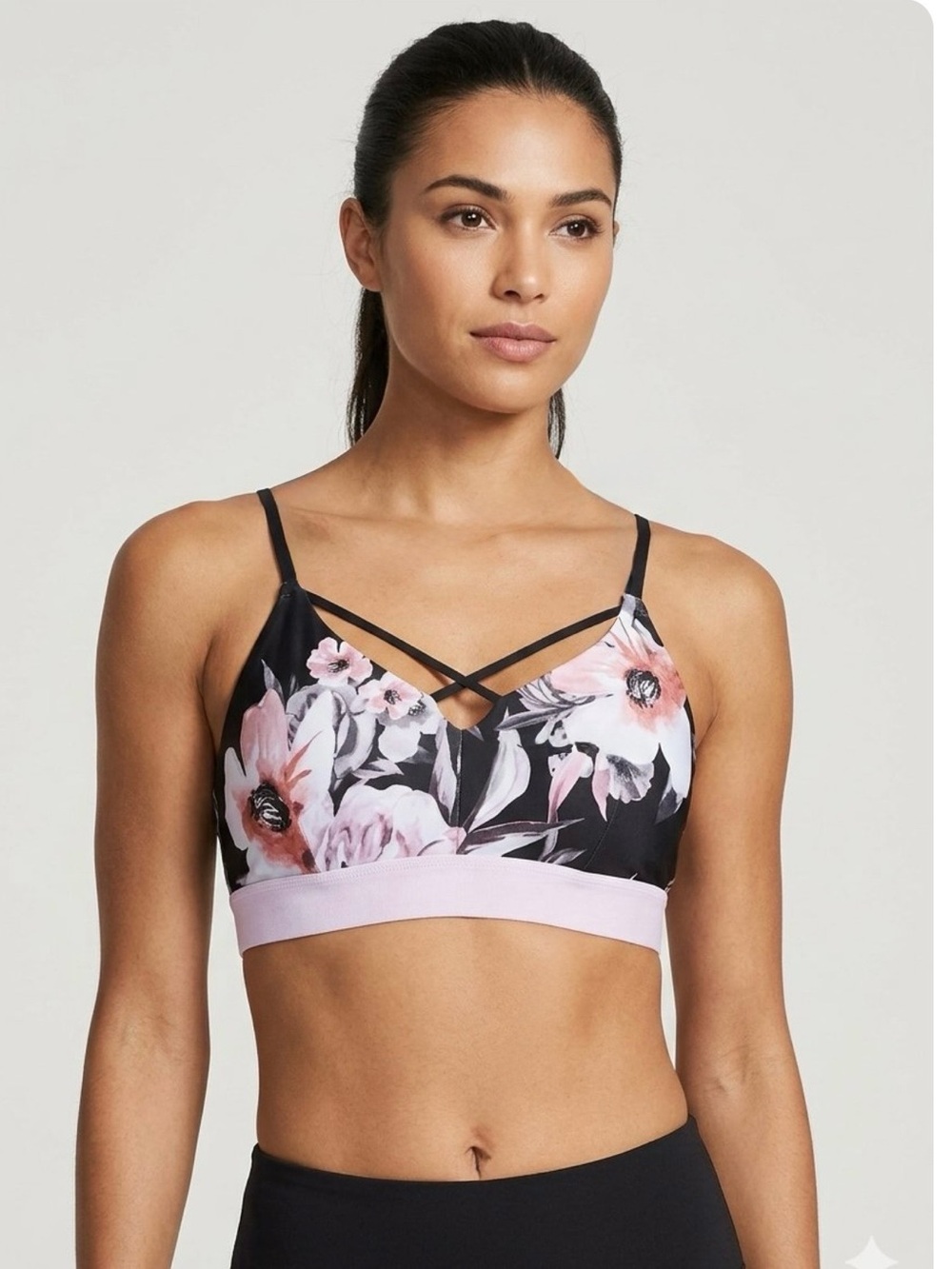 Zella Sports Bra Floral Print Front Cris Cross Size Small